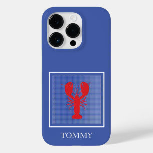 Preppy Blue Gingham Red Lobster Name Coastal Case-Mate iPhone 14 Pro Case