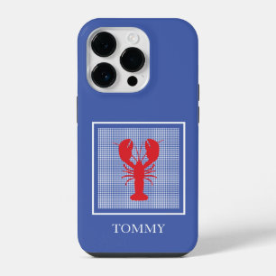 Preppy Blue Gingham Red Lobster Name Coastal iPhone 14 Pro Case