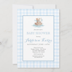 Preppy Blue Gingham Teddy Bear Baby Shower Invitation