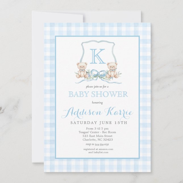 Preppy Blue Gingham Teddy Bear Baby Shower Invitation (Front)
