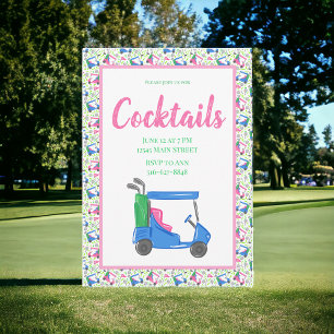 Preppy Blue Golf Cart Cocktail Party Border  Invitation