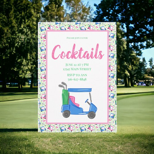 Preppy Blue Golf Cart Cocktail Party Border Invitation