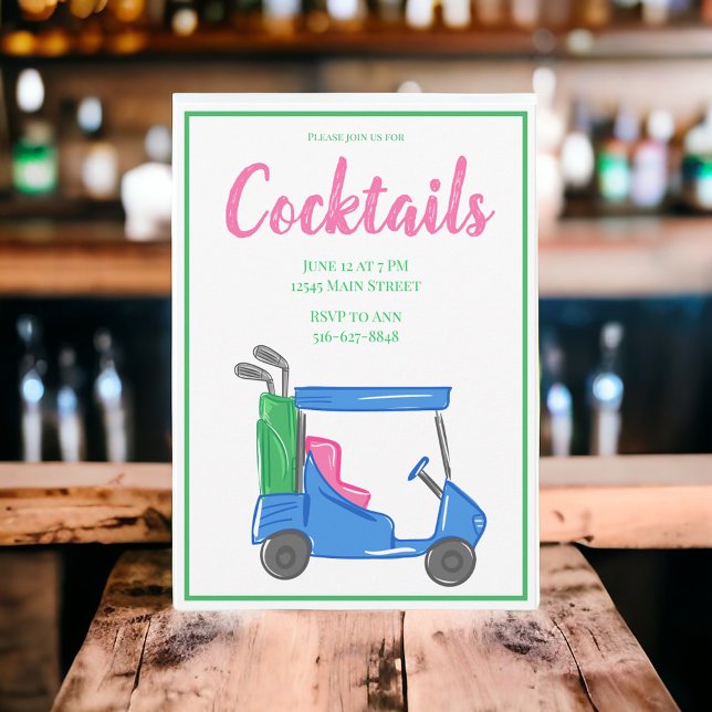 Preppy Blue Golf Cart Cocktail Party Invitation (Creator Uploaded)