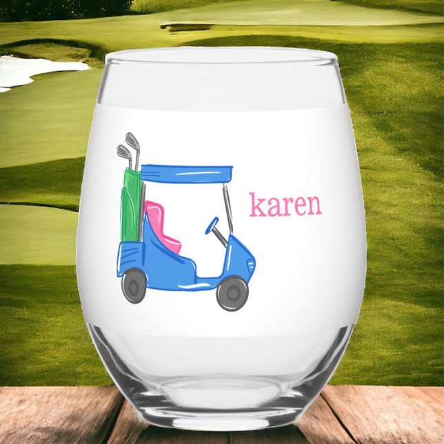 Preppy Blue Golf Cart Personalized Stemless Wine Glass (Creator Uploaded)