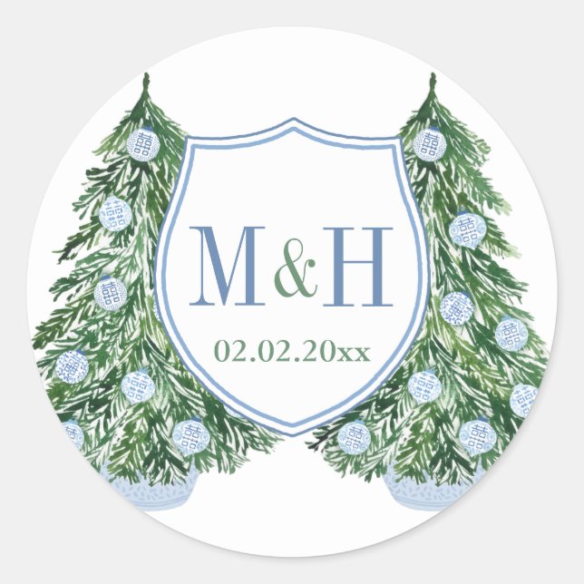 Preppy Blue Green Holidays Wedding Monogram Favor Classic Round Sticker (Front)