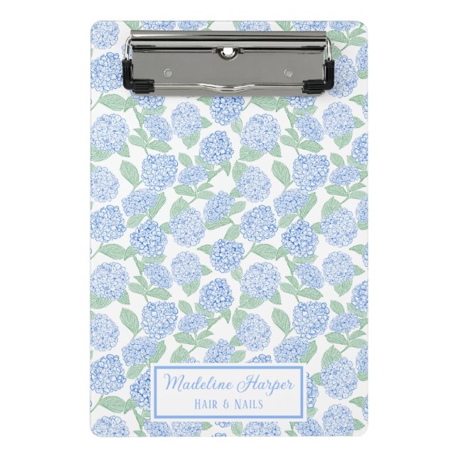 Preppy Blue & Green Hydrangeas Monogram Mini Clipboard (Front)