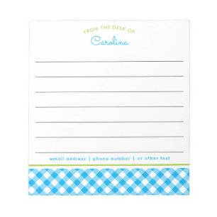 Preppy Blue & Green Script Gingham Lined Notepad