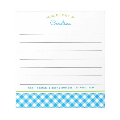 Preppy Blue  Green Script Gingham Lined Notepad