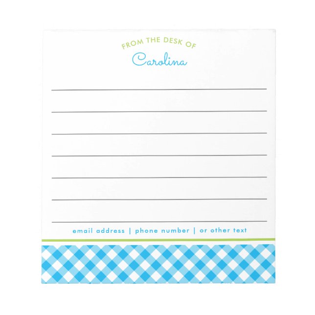 Preppy Blue & Green Script Gingham Lined Notepad (Front)