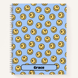 Preppy Blue Happy Face Smile Custom Aesthetic Notebook