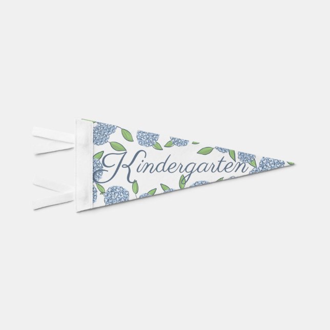 Preppy Blue Hydrangea Kindergarten First Day Pennant Flag (Front)