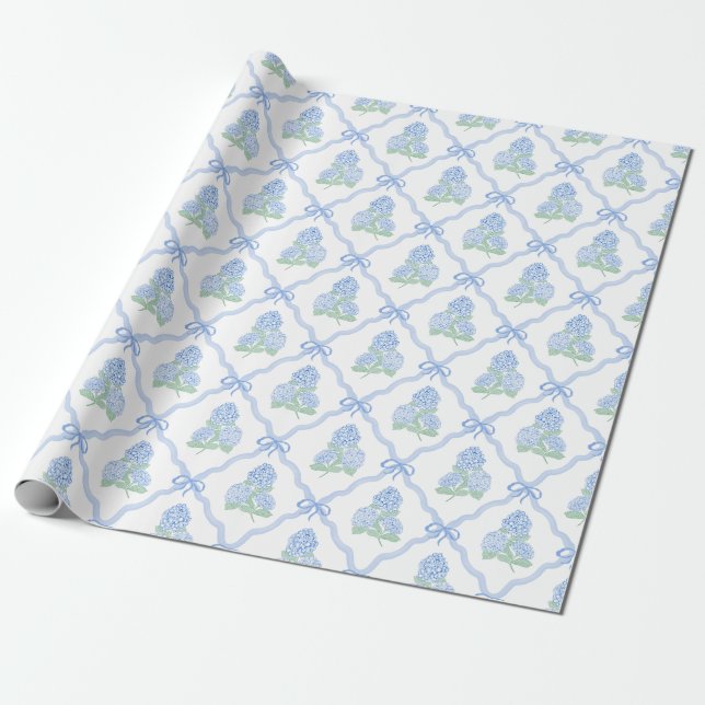 Preppy Blue Hydrangea with Blue Bow Trellis Wrapping Paper (Unrolled)