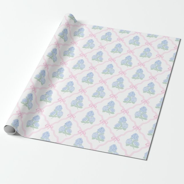 Preppy Blue Hydrangea with Pink Bow Trellis Wrapping Paper (Unrolled)