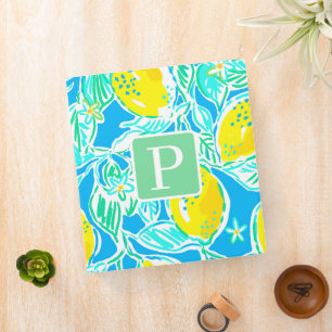 Preppy Blue Lemon Pattern Initial 3 Ring Binder
