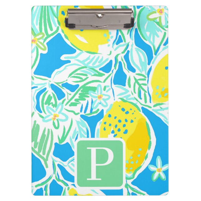 Preppy Blue Lemon Pattern Initial Clipboard (Front)