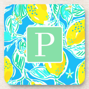 Preppy Blue Lemon Pattern Initial Coasters