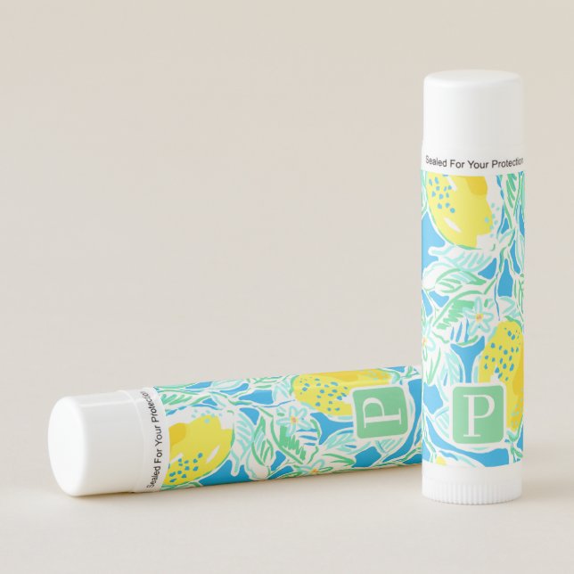 Preppy Blue Lemon Pattern Monogram Lip Balm (Front)