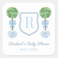 Preppy Blue Monogram Boxwood Baby Shower Favor Square Sticker