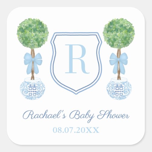 Preppy Blue Monogram Boxwood Baby Shower Favor Square Sticker - This classic favor / thank you sticker design features a simple monogram crest flanked on either side by a handpainted topiary ball in a ginger jar planter adorned with floppy bow. Watercolor elements were painted by me onto 100% cotton paper and scanned into digital form. The crest shape is by another artist. 