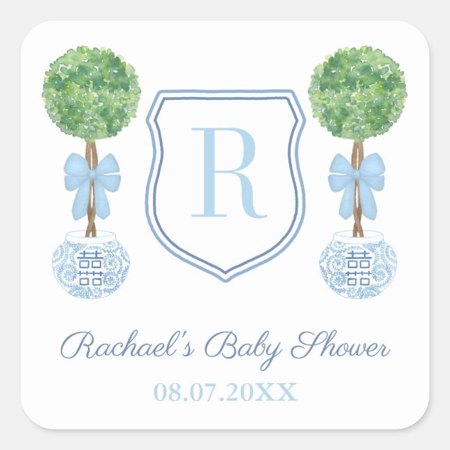 Preppy Blue Monogram Boxwood Baby Shower Favor Square Sticker (Front)