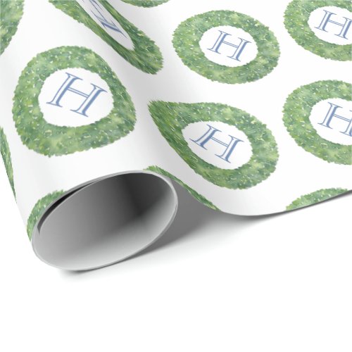 Preppy Blue Monogrammed Green Boxwood Wreath Wrapping Paper - Handpainted watercolor green boxwood wreath space for a single letter monogram in the center.