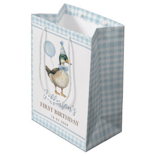 Preppy Blue One Lucky Duck 1st Birthday Party Medium Gift Bag