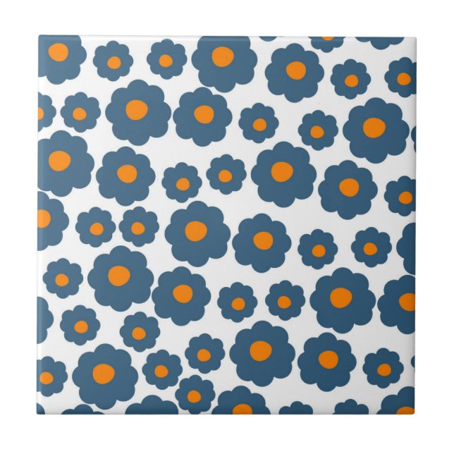 Preppy Blue Orange Hippie Flower Pattern Ceramic Tile (Front)