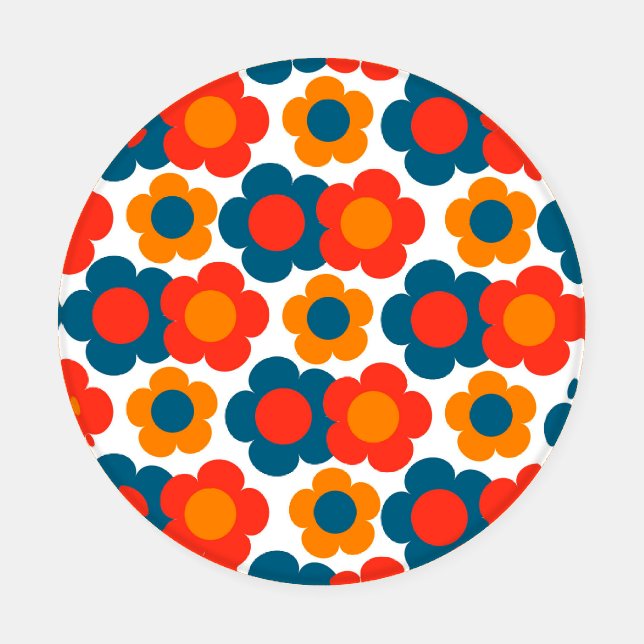 Preppy Blue Orange Hippie Flower Pattern Coaster Set (Single)