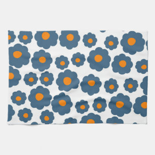 Preppy Blue Orange Hippie Flower Pattern Kitchen Towel