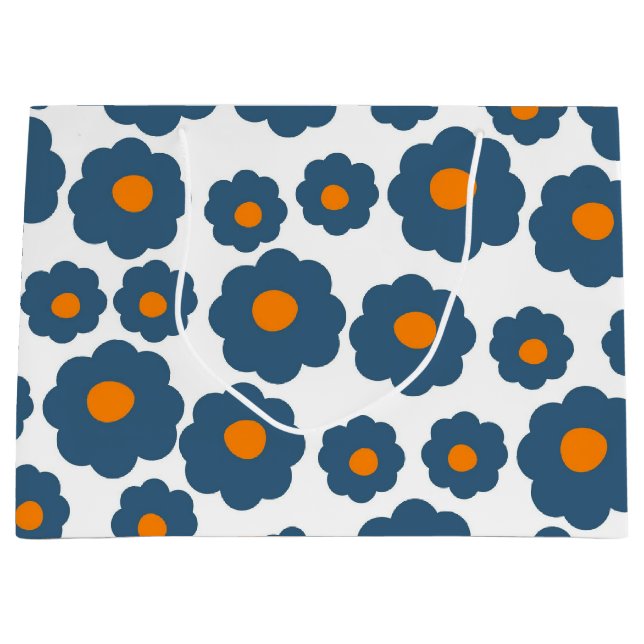 Preppy Blue Orange Hippie Flower Pattern Large Gift Bag (Front)