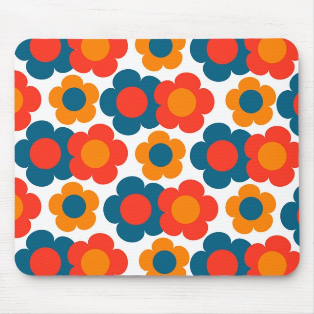 Preppy Blue Orange Hippie Flower Pattern Mouse Pad (Front)