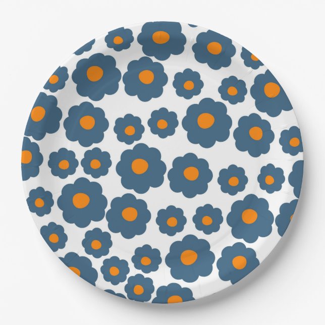 Preppy Blue Orange Hippie Flower Pattern Paper Pla Plates (Front)