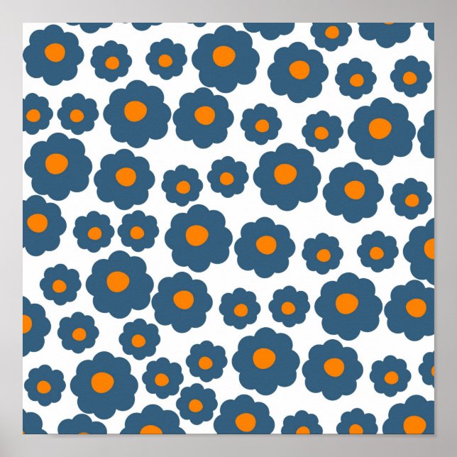 Preppy Blue Orange Hippie Flower Pattern Poster (Front)
