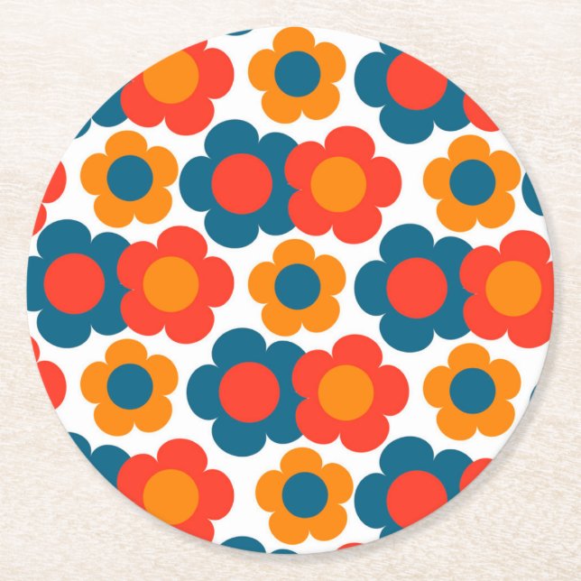 Preppy Blue Orange Hippie Flower Pattern Round Paper Coaster (Front)