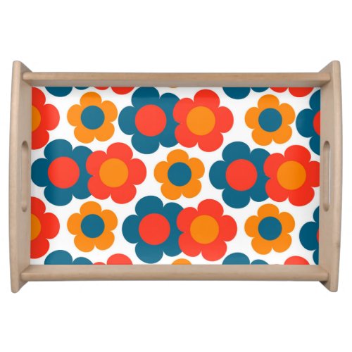 Preppy Blue Orange Hippie Flower Pattern Serving Tray