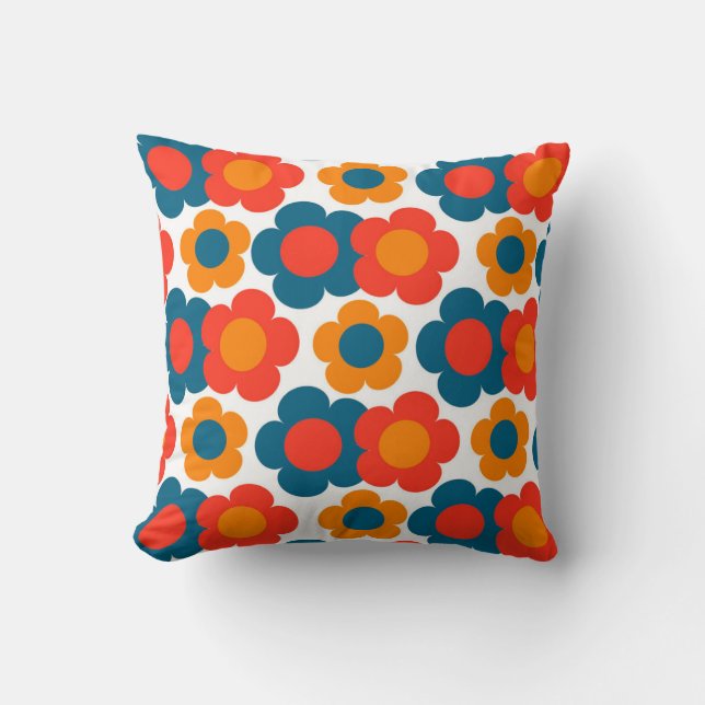 Preppy Blue Orange Hippie Flower Pattern Throw Pillow (Front)