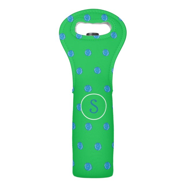 Preppy Blue Pickleball Green Initial Wine Bag (Front)