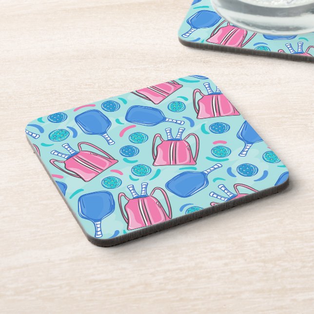 Preppy Blue Pickleball Paddle & Ball Pattern Beverage Coaster (Left Side)
