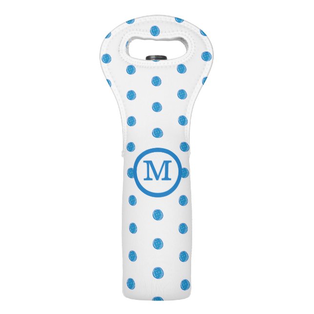 Preppy Blue Pickleball White Monogram Pickleballer Wine Bag (Front)
