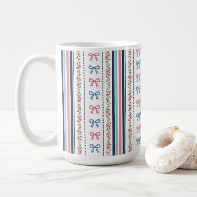 Preppy Blue Pink Bows Florals Striped Coquette Coffee Mug (With Donut)