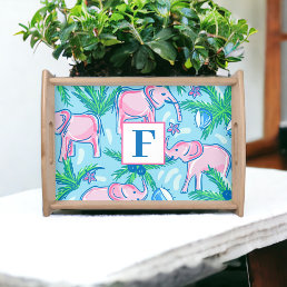 Preppy Blue Pink Green Elephant Monogram Serving Tray