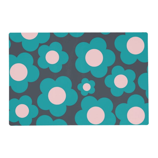 Preppy Blue Pink Hippie Flower Pattern Placemat (Front)