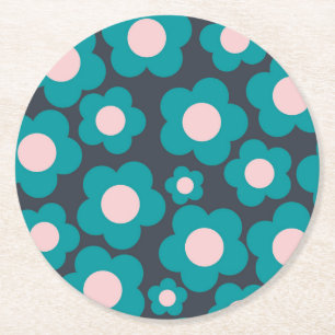 Preppy Blue Pink Hippie Flower Pattern Round Paper Coaster