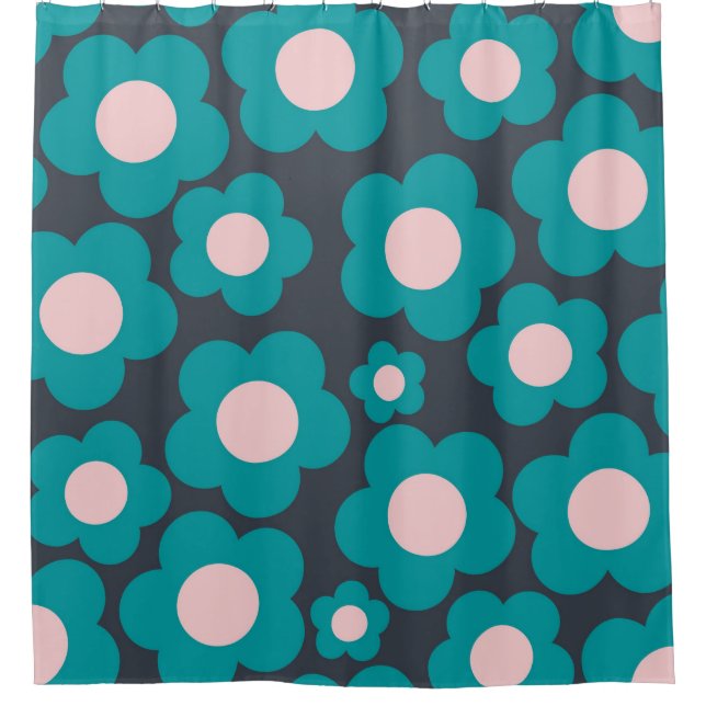 Preppy Blue Pink Hippie Flower Pattern Shower Curtain (Front)
