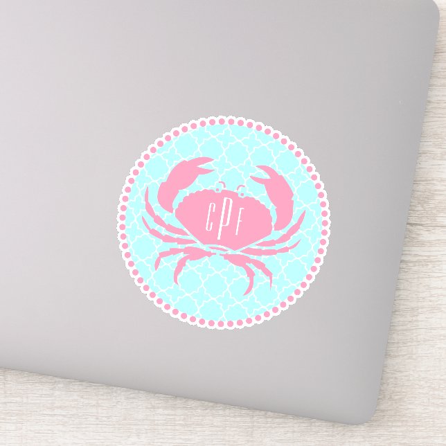 Preppy Blue Pink Monogram Quatrefoil Crab Sticker (Detail)