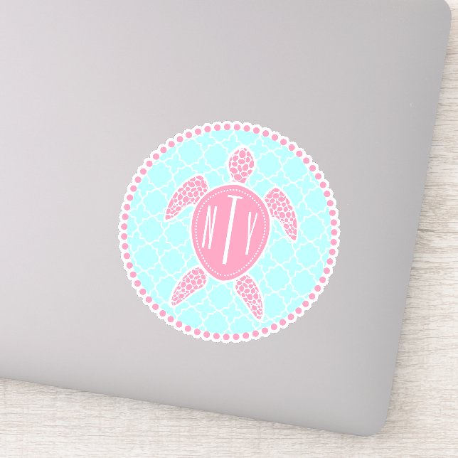 Preppy Blue Pink Monogram Quatrefoil Sea Turtle Sticker (Detail)
