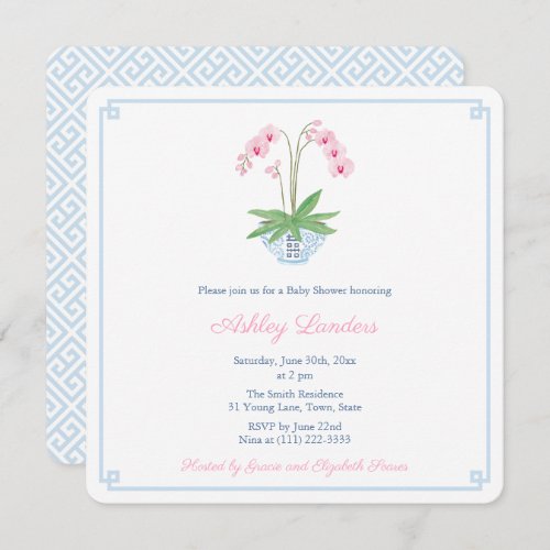 Preppy Blue Pink Orchid Ginger Jar Baby Shower Invitation