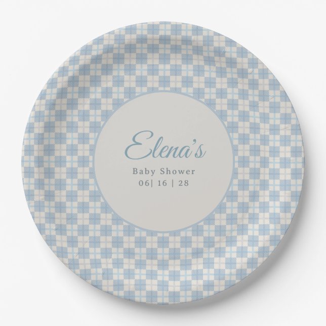 Preppy Blue Plaid Baby Shower  Paper Plates (Front)