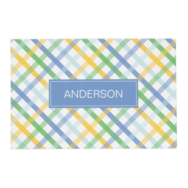 Preppy Blue Plaid Personalized Placemat  (Front)