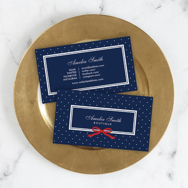 Preppy Blue Polka Dot Red Ribbon Social Media Business Card (Creator Uploaded)